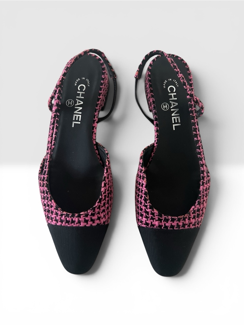 CHANEL Pink and Black Tweed Slingback Flats with Black Grosgrain Cap Toe
